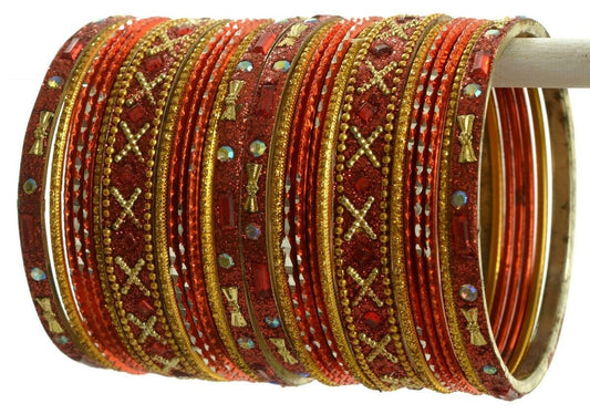 Indian Bangles Set of 26 Ethnic Bracelets Traditional Churi Kangan Orange 2-8