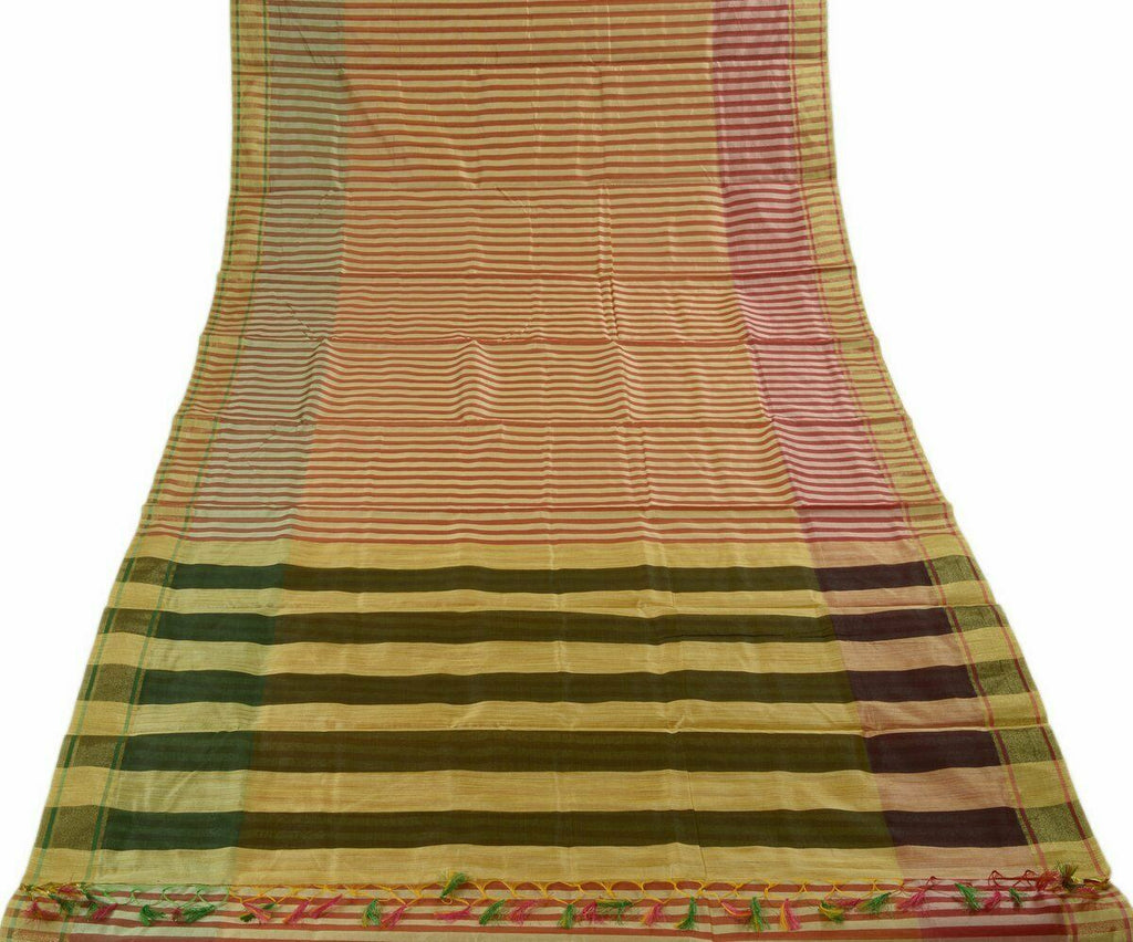 Woven Check Pattern Indian Ethnic Cotton Blend Saree Sari Fabric Cream & Rust