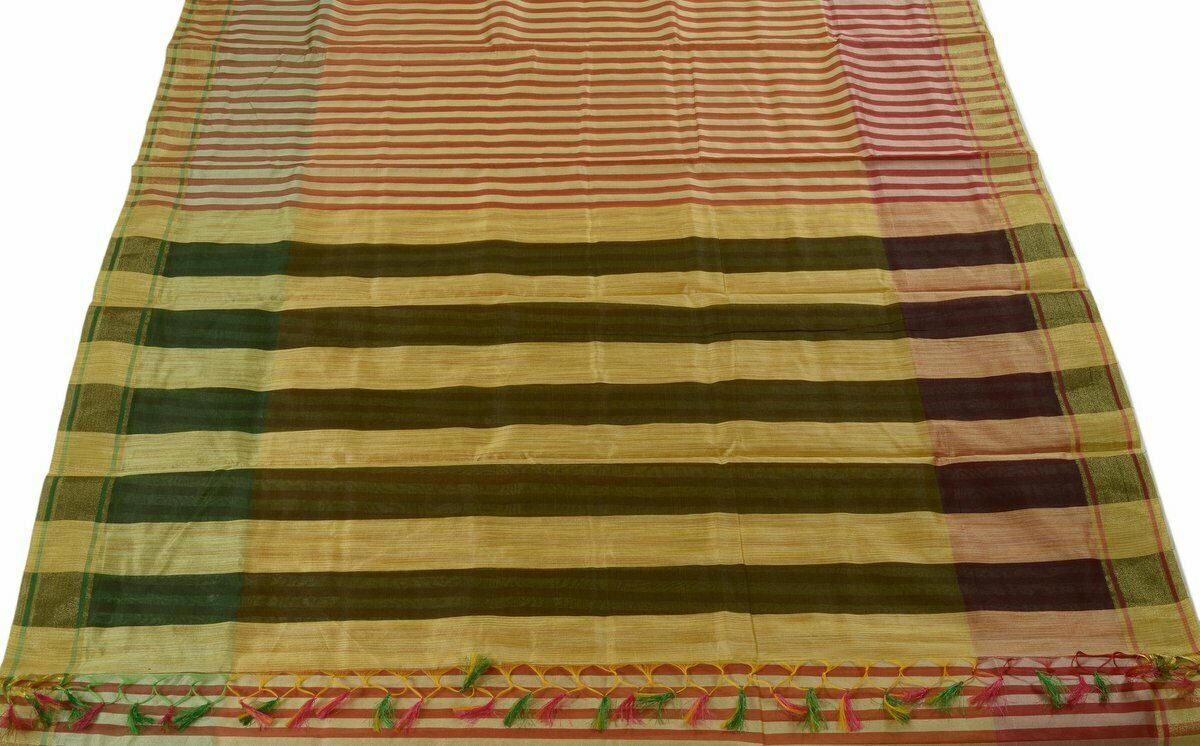 Woven Check Pattern Indian Ethnic Cotton Blend Saree Sari Fabric Cream & Rust