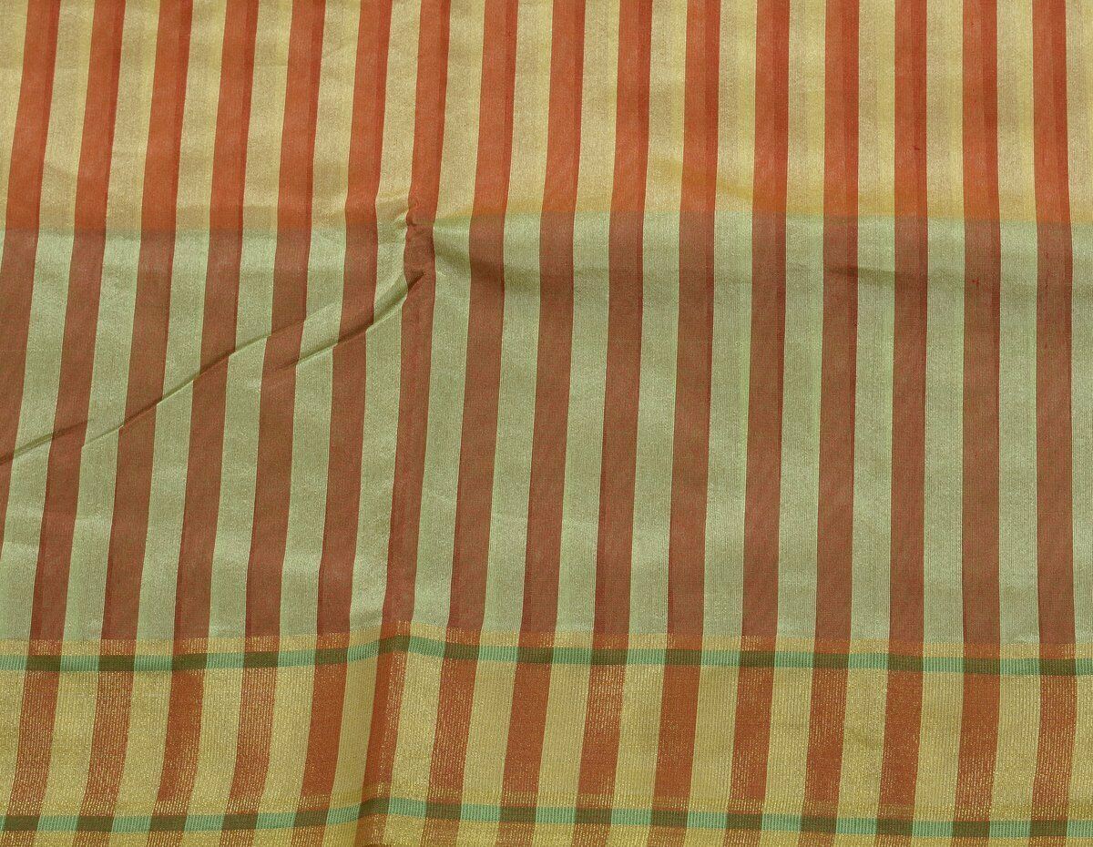 Woven Check Pattern Indian Ethnic Cotton Blend Saree Sari Fabric Cream & Rust