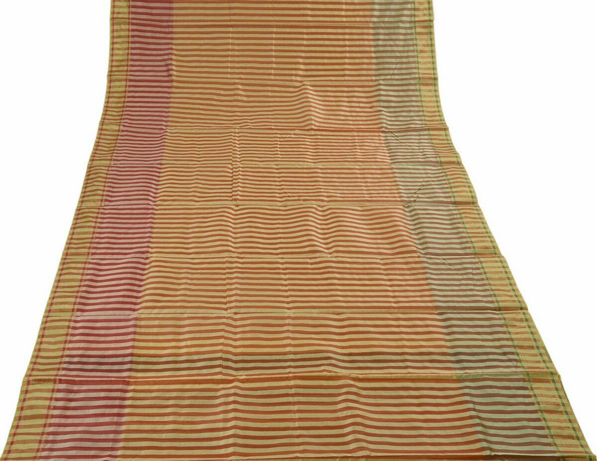 Woven Check Pattern Indian Ethnic Cotton Blend Saree Sari Fabric Cream & Rust
