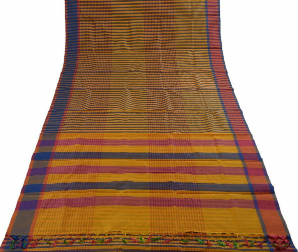 Woven Check Pattern Indian Ethnic Cotton Blend Saree Sari Fabric Saffron & Blue