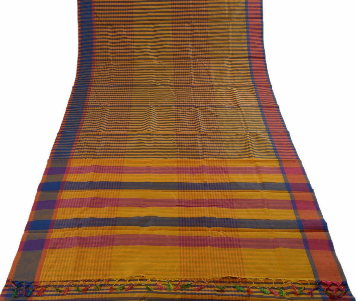 Woven Check Pattern Indian Ethnic Cotton Blend Saree Sari Fabric Saffron & Blue