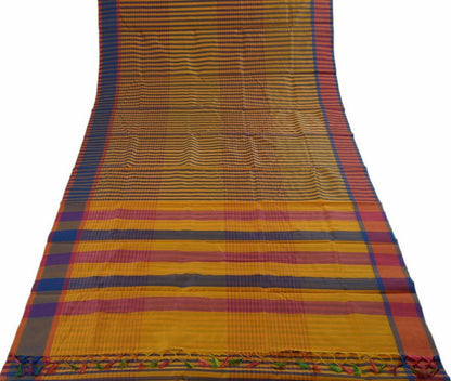 Woven Check Pattern Indian Ethnic Cotton Blend Saree Sari Fabric Saffron & Blue