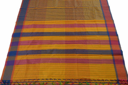 Woven Check Pattern Indian Ethnic Cotton Blend Saree Sari Fabric Saffron & Blue