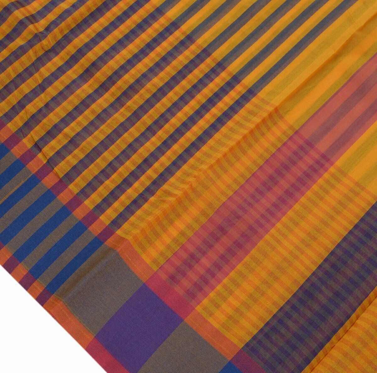 Woven Check Pattern Indian Ethnic Cotton Blend Saree Sari Fabric Saffron & Blue