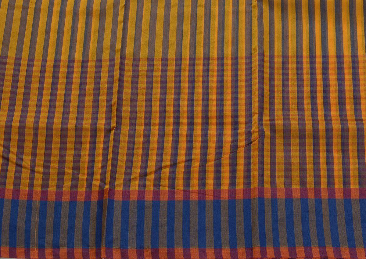 Woven Check Pattern Indian Ethnic Cotton Blend Saree Sari Fabric Saffron & Blue