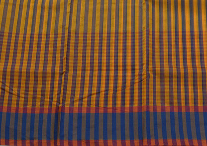 Woven Check Pattern Indian Ethnic Cotton Blend Saree Sari Fabric Saffron & Blue