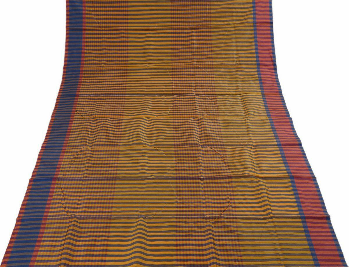 Woven Check Pattern Indian Ethnic Cotton Blend Saree Sari Fabric Saffron & Blue