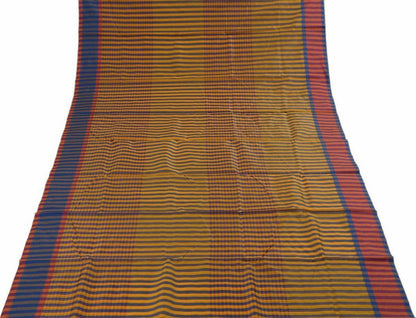 Woven Check Pattern Indian Ethnic Cotton Blend Saree Sari Fabric Saffron & Blue