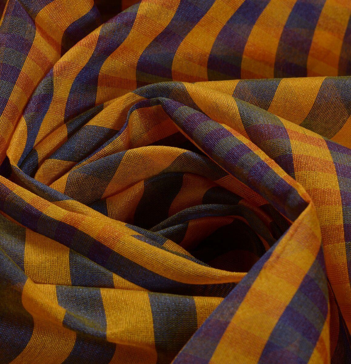 Woven Check Pattern Indian Ethnic Cotton Blend Saree Sari Fabric Saffron & Blue