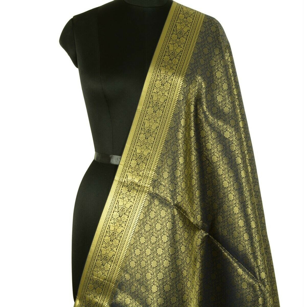 Indian Art Silk Woven Zari Brocade Long Stole Banarasi Dupatta Shawl Blue