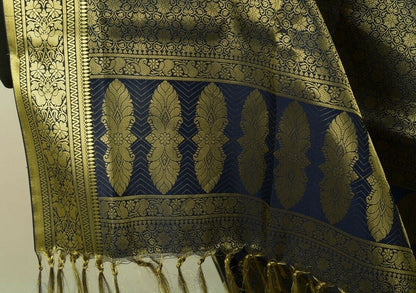 Indian Art Silk Woven Zari Brocade Long Stole Banarasi Dupatta Shawl Blue