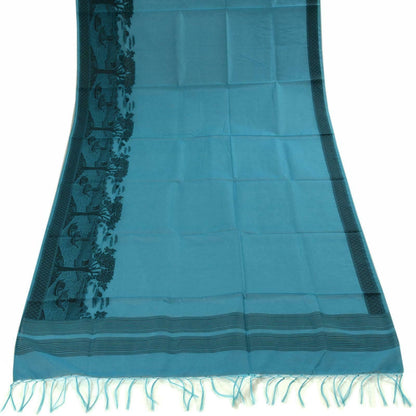 Woven Cotton Blend Indian Long Stole Banaras Ganga Ghat Dupatta Deep Blue