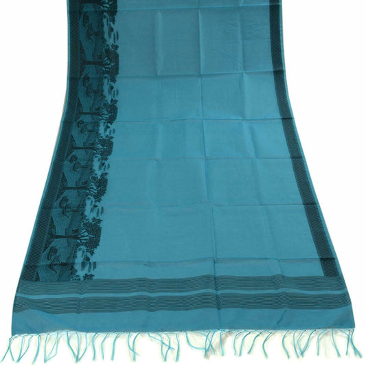 Woven Cotton Blend Indian Long Stole Banaras Ganga Ghat Dupatta Deep Blue