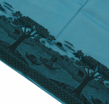 Woven Cotton Blend Indian Long Stole Banaras Ganga Ghat Dupatta Deep Blue