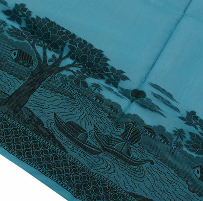 Woven Cotton Blend Indian Long Stole Banaras Ganga Ghat Dupatta Deep Blue