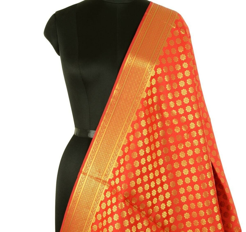Indian Art Silk Woven Zari Brocade Long Stole Banarasi Dupatta Shawl Red