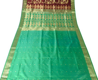 Banarasi Brocade Art Satin Silk Saree Maroon Green Zari Embroidered Sari Fabric