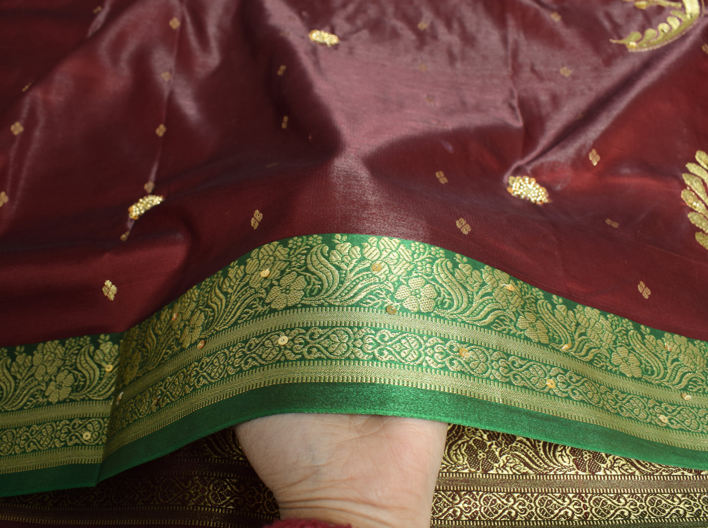 Banarasi Brocade Art Satin Silk Saree Maroon Green Zari Embroidered Sari Fabric