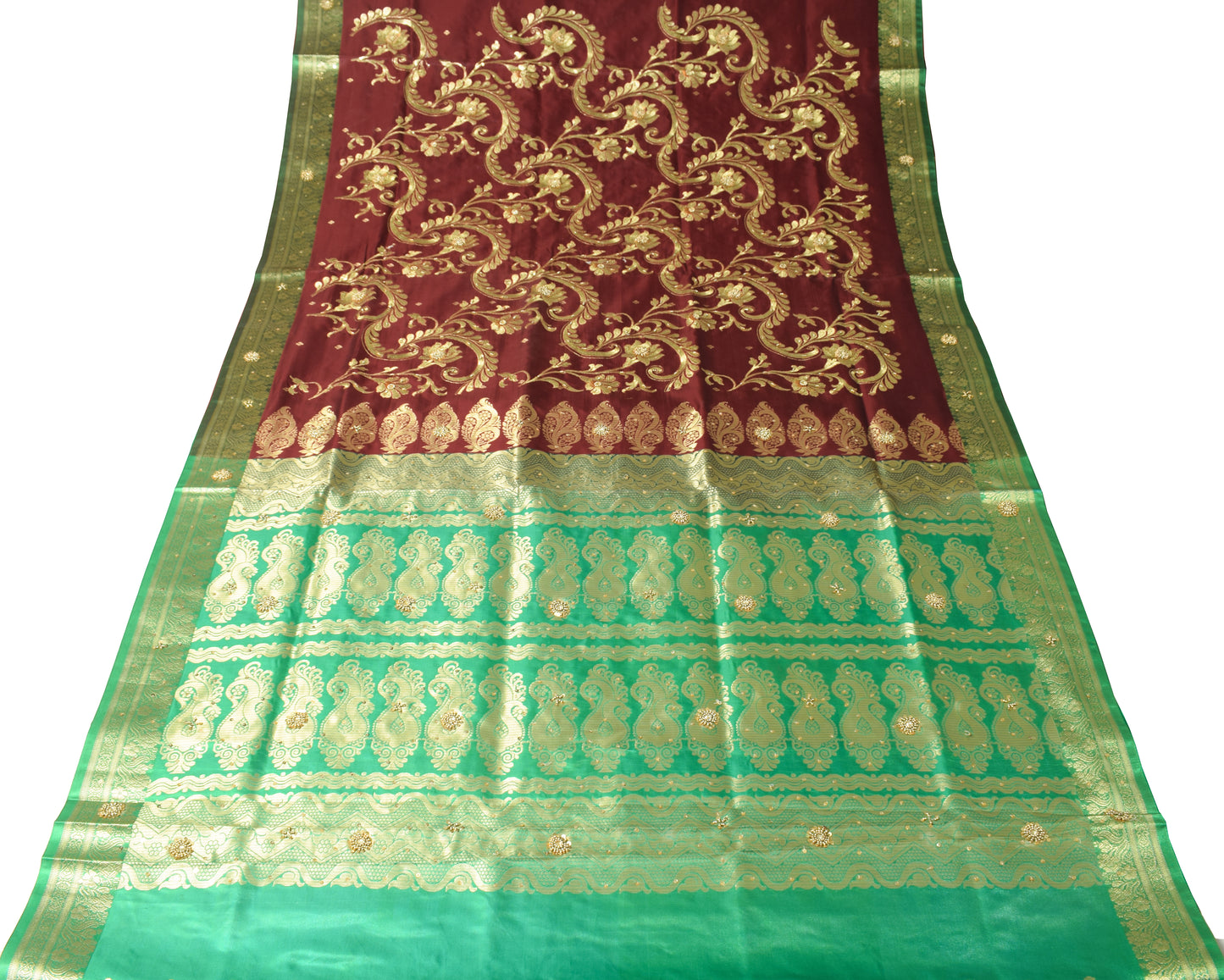 Banarasi Brocade Art Satin Silk Saree Maroon Green Zari Embroidered Sari Fabric