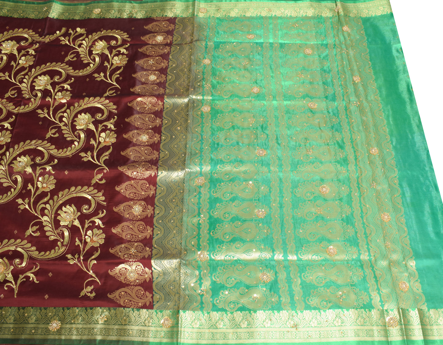 Banarasi Brocade Art Satin Silk Saree Maroon Green Zari Embroidered Sari Fabric