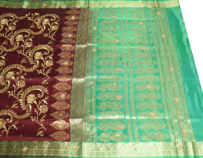 Banarasi Brocade Art Satin Silk Saree Maroon Green Zari Embroidered Sari Fabric