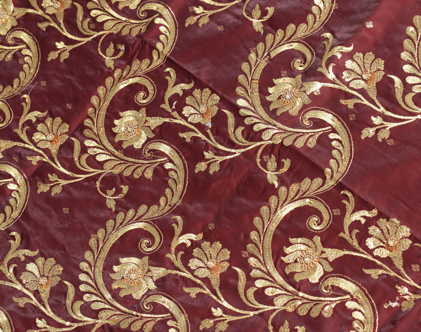 Banarasi Brocade Art Satin Silk Saree Maroon Green Zari Embroidered Sari Fabric