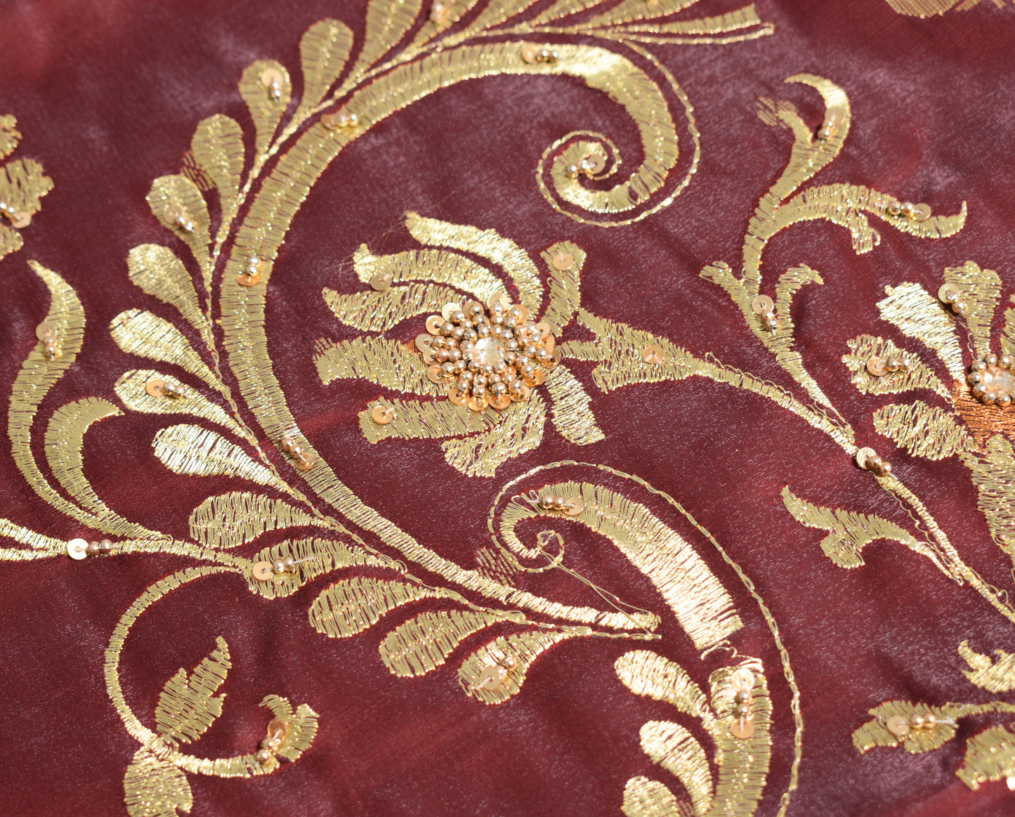 Banarasi Brocade Art Satin Silk Saree Maroon Green Zari Embroidered Sari Fabric