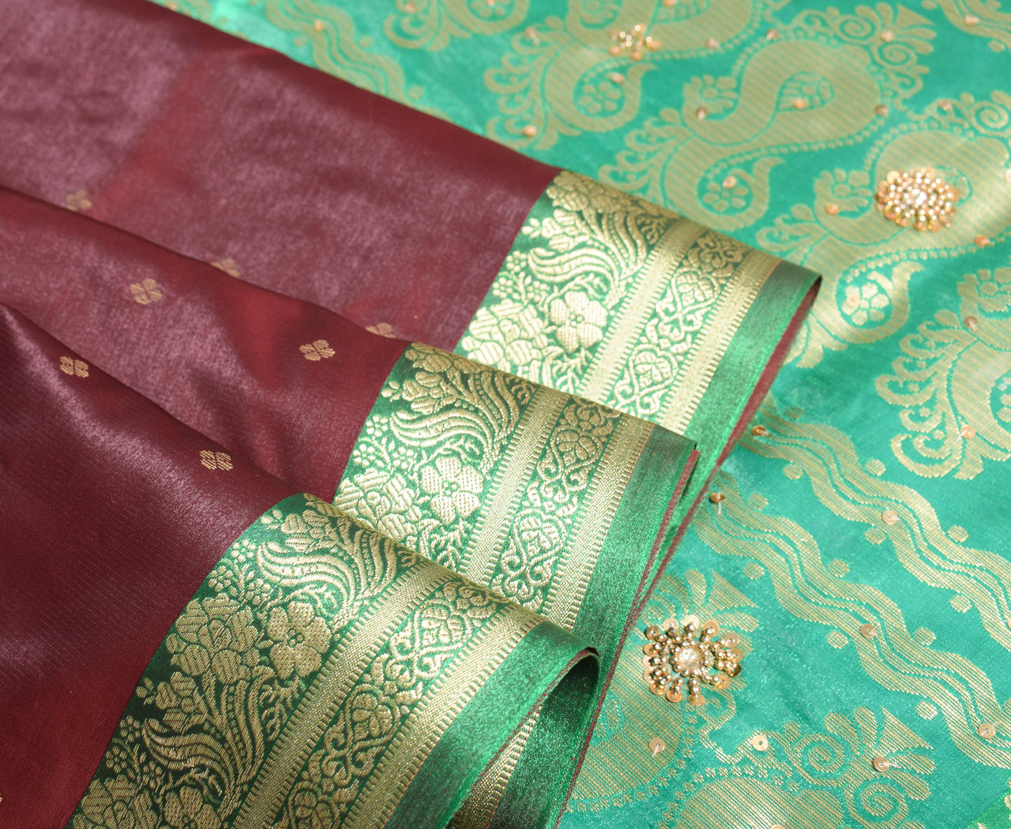Banarasi Brocade Art Satin Silk Saree Maroon Green Zari Embroidered Sari Fabric