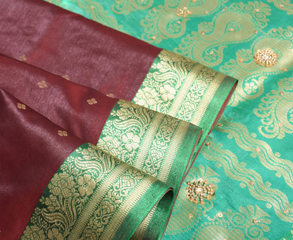 Banarasi Brocade Art Satin Silk Saree Maroon Green Zari Embroidered Sari Fabric