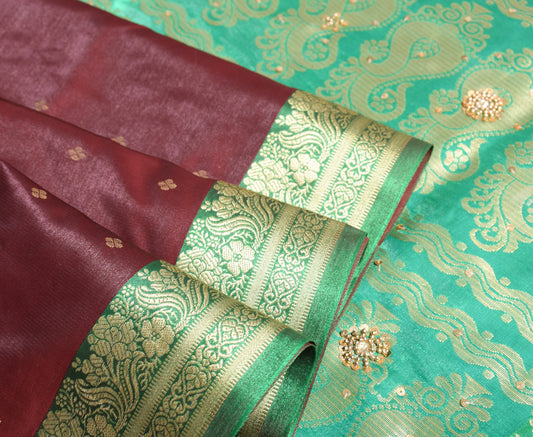 Banarasi Brocade Art Satin Silk Saree Maroon Green Zari Embroidered Sari Fabric