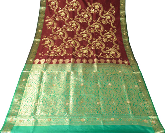 Banarasi Brocade Art Satin Silk Saree Maroon Green Zari Embroidered Sari Fabric