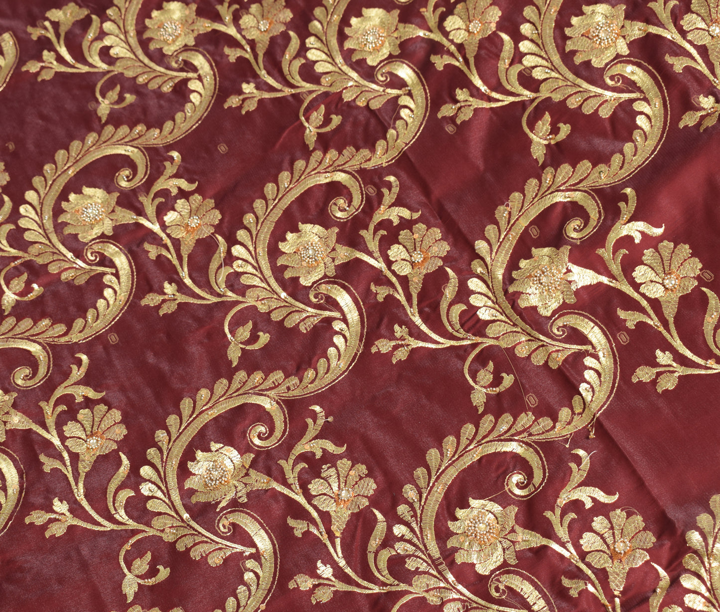 Banarasi Brocade Art Satin Silk Saree Maroon Green Zari Embroidered Sari Fabric