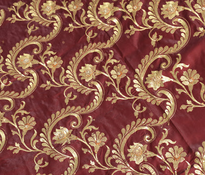 Banarasi Brocade Art Satin Silk Saree Maroon Green Zari Embroidered Sari Fabric