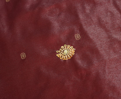 Banarasi Brocade Art Satin Silk Saree Maroon Green Zari Embroidered Sari Fabric