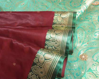 Banarasi Brocade Art Satin Silk Saree Maroon Green Zari Embroidered Sari Fabric
