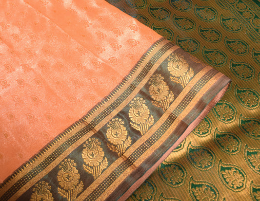 Indian Art Silk Sari Woven Zari & Self Brocade Wedding Saree Fabric Orangish Pea