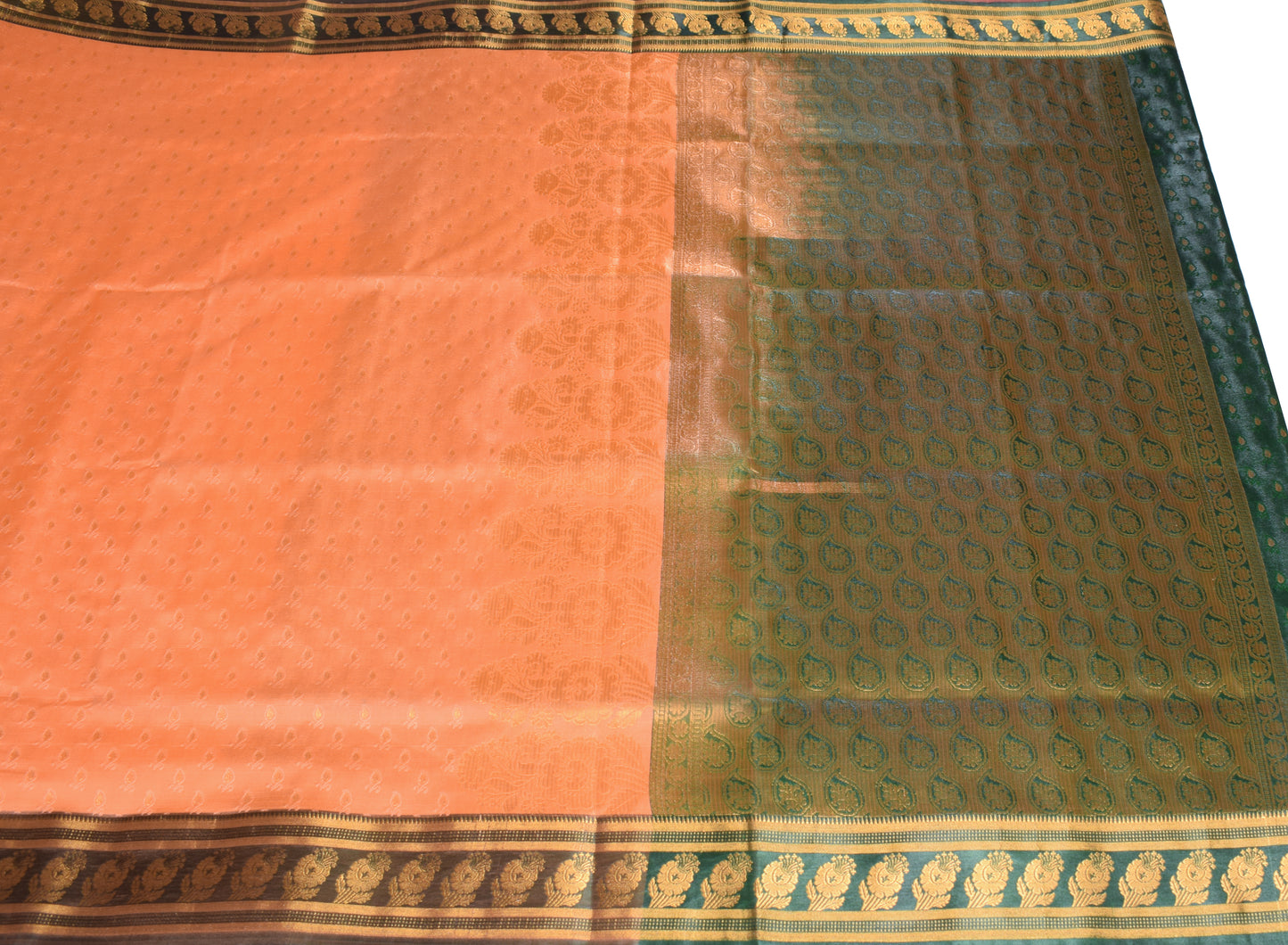 Indian Art Silk Sari Woven Zari & Self Brocade Wedding Saree Fabric Orangish Pea