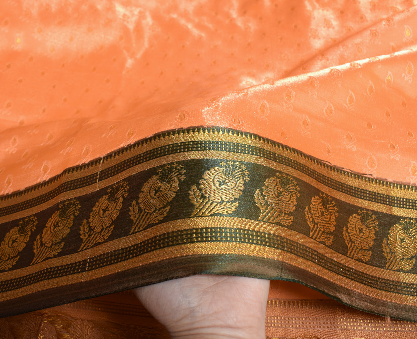 Indian Art Silk Sari Woven Zari & Self Brocade Wedding Saree Fabric Orangish Pea