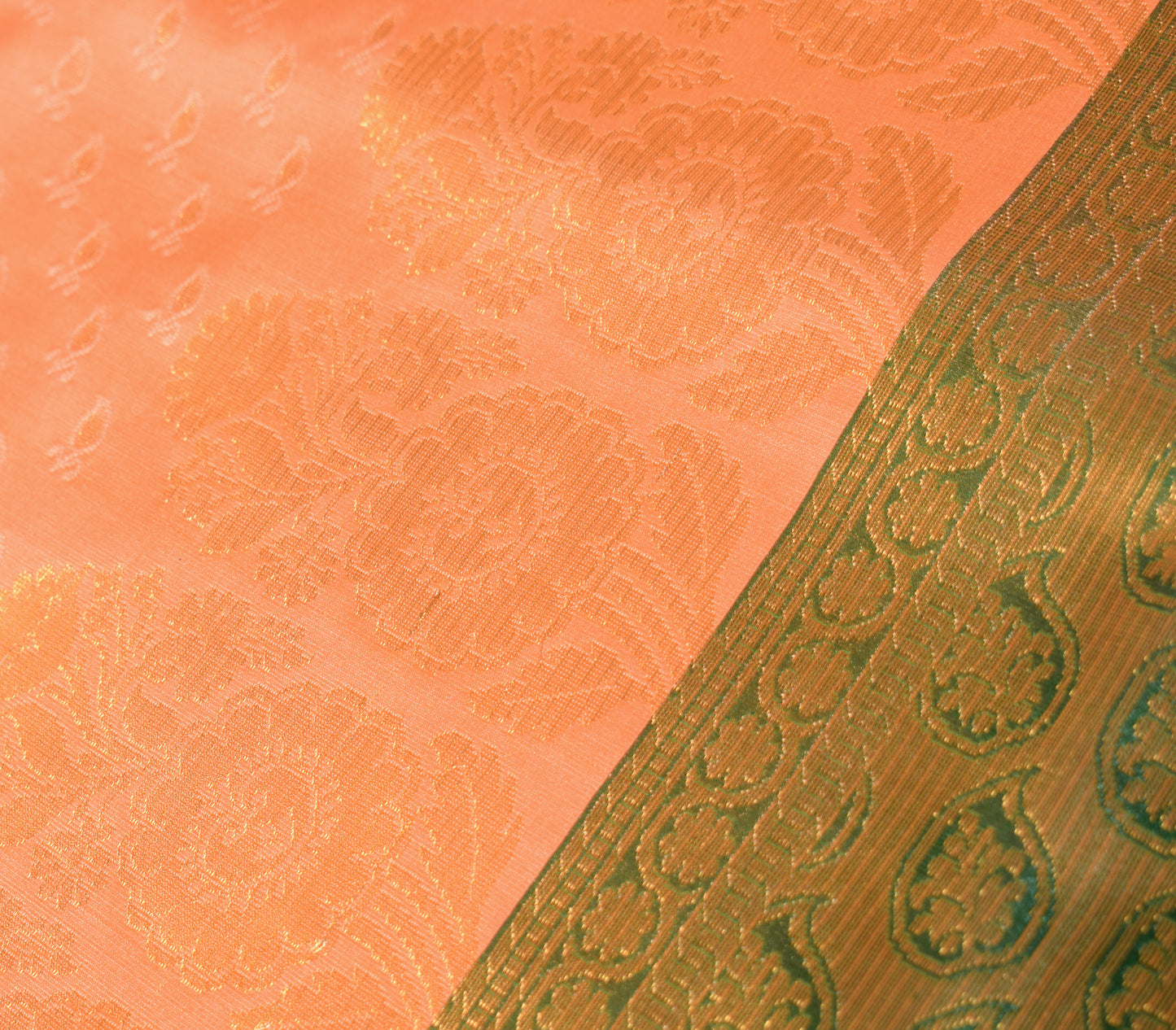 Indian Art Silk Sari Woven Zari & Self Brocade Wedding Saree Fabric Orangish Pea
