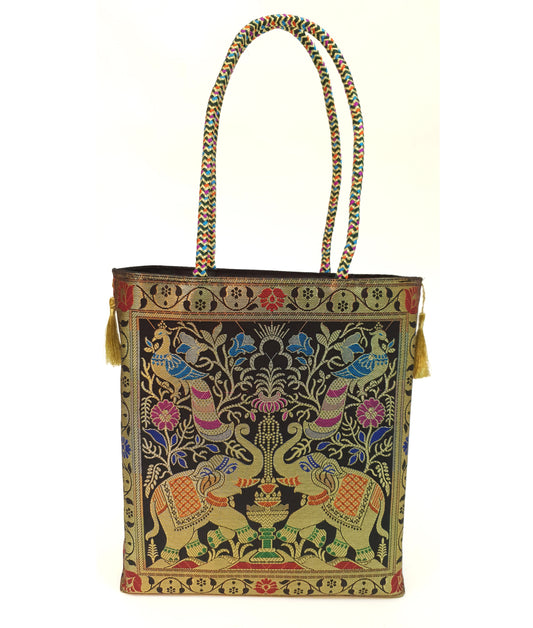 Banarasi Silk Hand Bag Woven Zari Brocade Tote Bag  / Shoulder Handbags with Golden Tassels Nice item to Gift