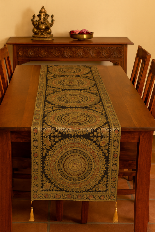 Black Banarasi Table Runner 72x16" Silk Brocade Mandala Dining Decor Cloth Gift