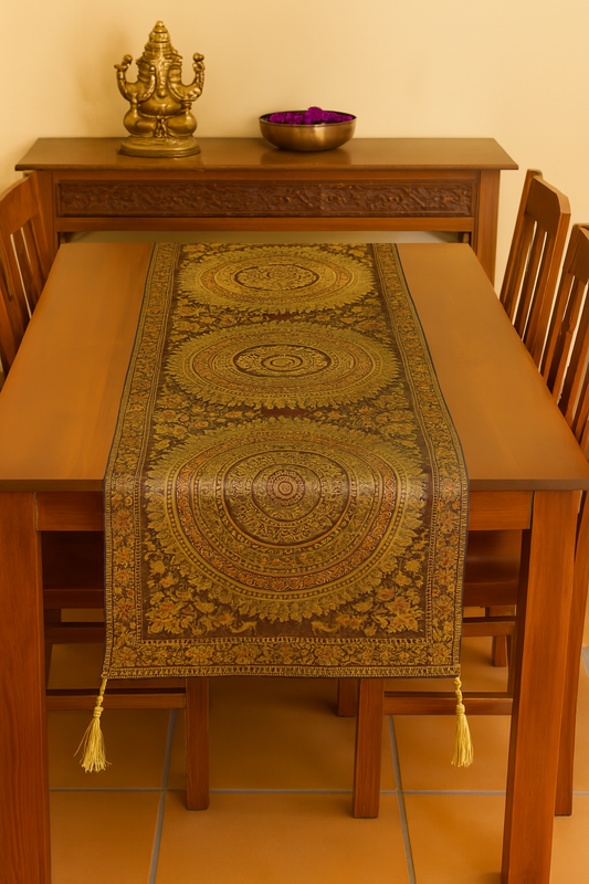 Dark Brown Banarasi Table Runner 72x16" Silk Brocade Mandala Dining Decor Cloth