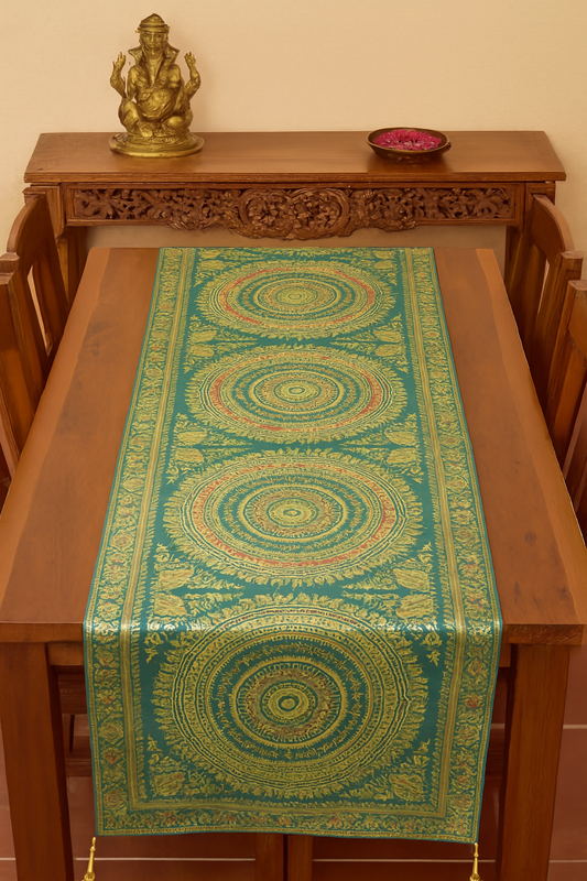 Teal Green Table Runner 72x16" Banarasi Silk Brocade Mandala Dining Decor Cloth