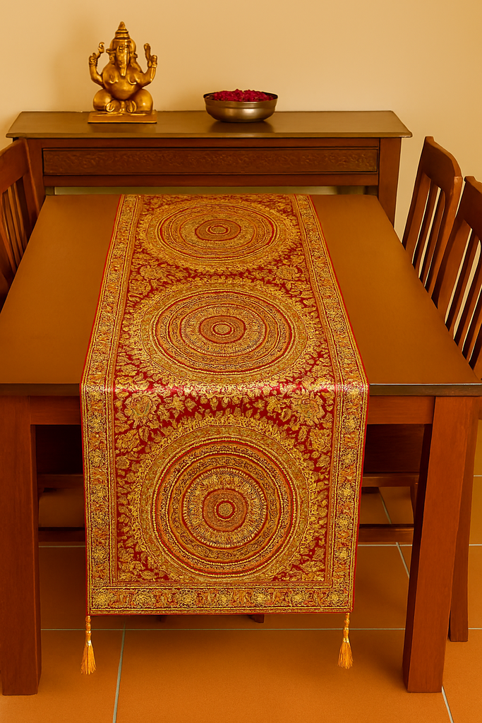 Maroon Banarasi Table Runner 72x16" Silk Brocade Mandala Dining Decor Cloth Gift