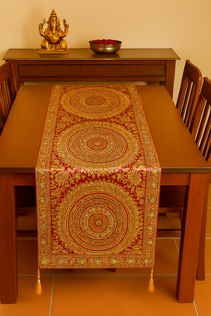 Maroon Banarasi Table Runner 72x16" Silk Brocade Mandala Dining Decor Cloth Gift