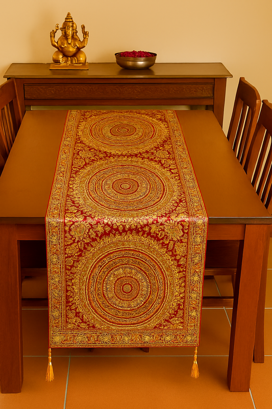 Maroon Banarasi Table Runner 72x16" Silk Brocade Mandala Dining Decor Cloth Gift