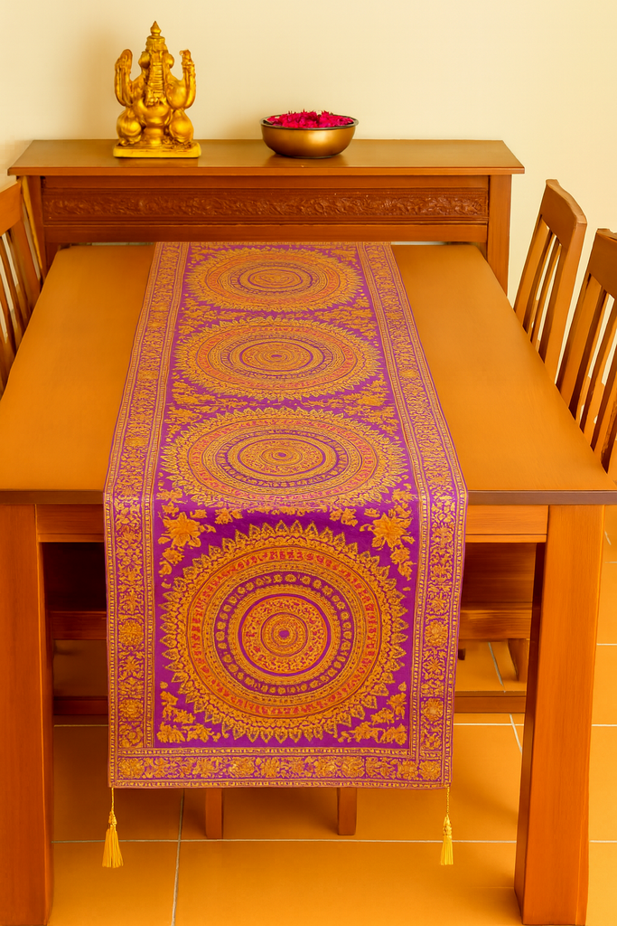 Magenta Banarasi Table Runner 72x16" Silk Brocade Mandala Dining Decor Cloth