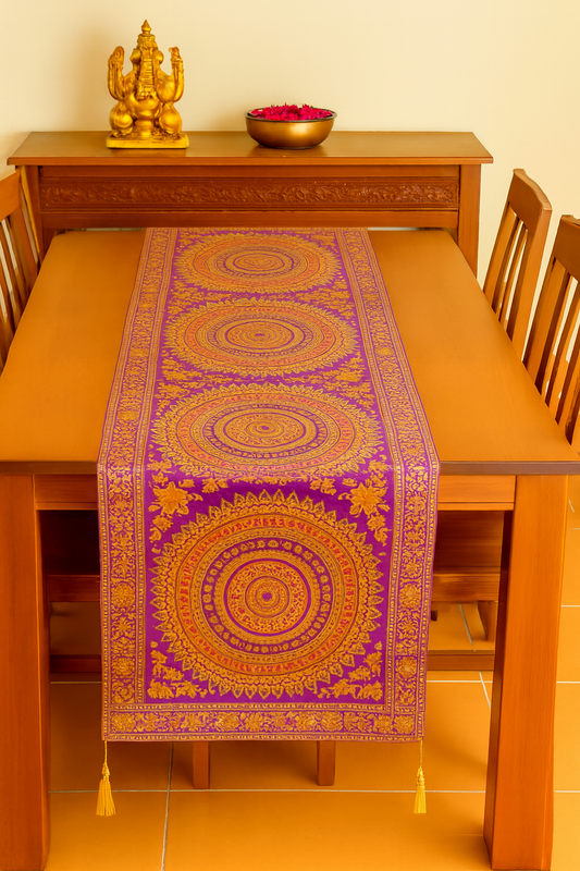 Magenta Banarasi Table Runner 72x16" Silk Brocade Mandala Dining Decor Cloth